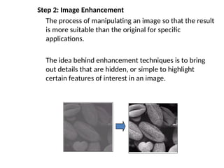 Step 2: Image Enhancement
The process of manipulating an image so that the result
is more suitable than the original for specific
applications.
The idea behind enhancement techniques is to bring
out details that are hidden, or simple to highlight
certain features of interest in an image.
 