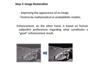Step 3: Image Restoration
- Improving the appearance of an image
- Tend to be mathematical or probabilistic models.
Enhancement, on the other hand, is based on human
subjective preferences regarding what constitutes a
“good” enhancement result.
 