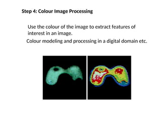 Step 4: Colour Image Processing
Use the colour of the image to extract features of
interest in an image.
Colour modeling and processing in a digital domain etc.
 