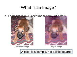 What is an Image?
• An image is a 2D rectilinear array of pixels
Continuous image Digital image
A pixel is a sample, not a little square!
 