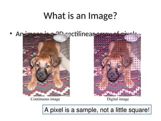 What is an Image?
• An image is a 2D rectilinear array of pixels
A pixel is a sample, not a little square!
Continuous image Digital image
 