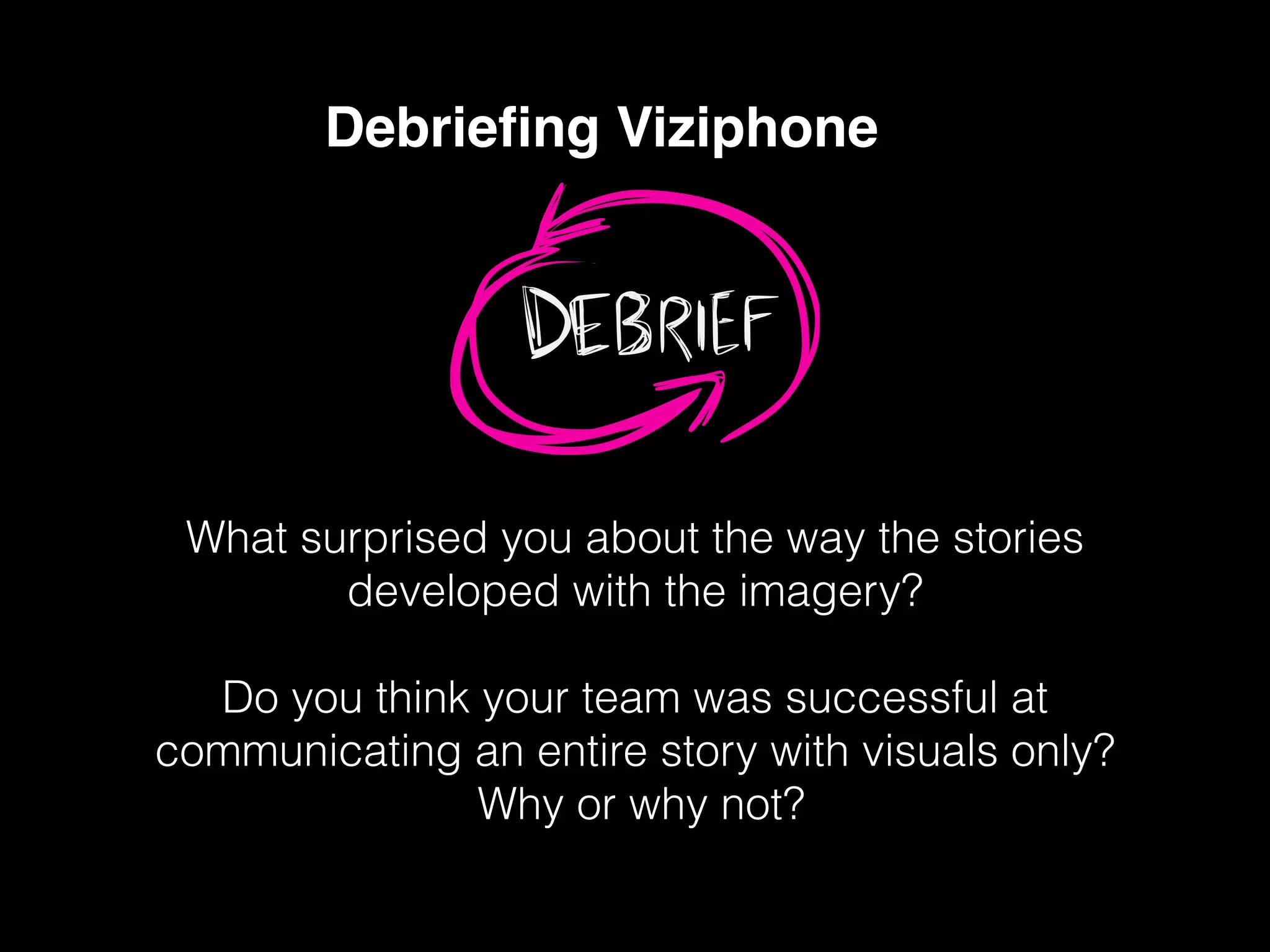 Debrieﬁng Viziphone
!
!
What surprised you about the way the stories
developed with the imagery?
!
Do you think your team was successful at
communicating an entire story with visuals only?
Why or why not?
 