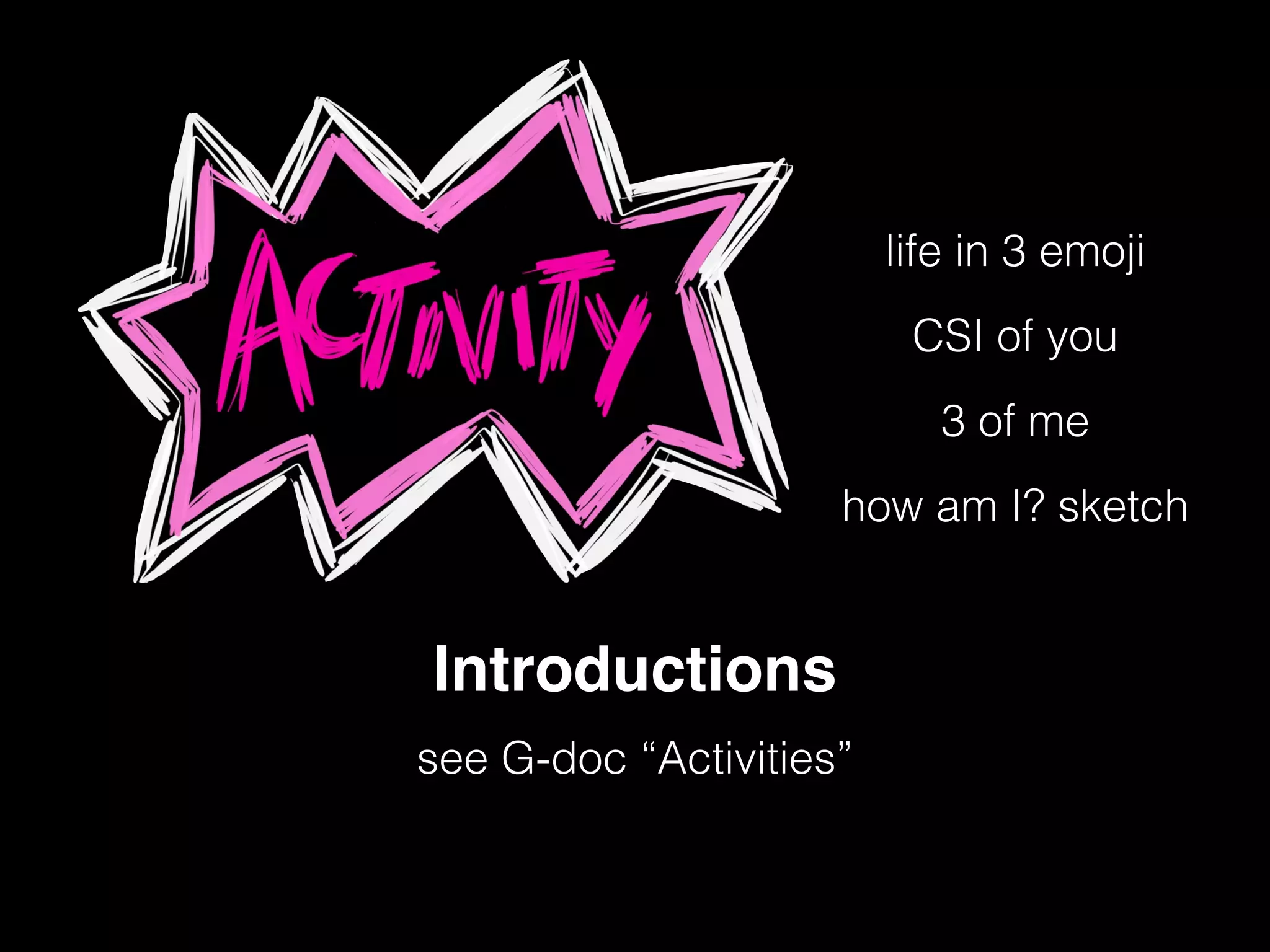 !
Introductions
see G-doc “Activities”
life in 3 emoji
CSI of you
3 of me
how am I? sketch
 