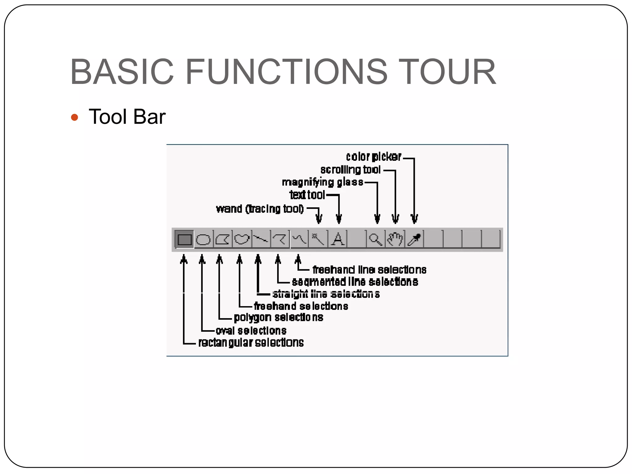 BASIC FUNCTIONS TOUR
 Tool Bar

 