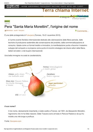 10/3/2015 Pera "Santa Maria Morettini", l'origine del nome ­ Terra chiama Internet ­ Il blog di Agronotizie
http://agronotizie.imagelinenetwork.com/blog/post.cfm/pera­santa­maria­morettini­l­origine­del­nome 1/2
MAR 9
2015
agrolimentare , eventi , futurpera
Commenta...
Pera "Santa Maria Morettini", l'origine del nome
È una delle protagoniste di Futurpera (Ferrara, 19­21 novembre 2015)
è il primo evento fieristico internazionale dedicato alla valorizzazione della filiera pericola, dalle
tecniche di produzione sostenibile alla conservazione del prodotto, dalla commercializzazione al
consumo. Ideata come un format inedito e innovativo, la manifestazione punta a favorire il massimo
sviluppo del comparto e si propone come punto di incontro strategico dei diversi attori della filiera,
italiani ed esteri, e dei buyers internazionali.
Una bella immagine ne svela le caratteristiche.
 
Il suo nome?
il mio nome, decisamente importante, è stato scelto a Firenze, nel 1951, da Alessandro Morettini,
l'agronomo che mi ha fatta nascere. Dalla Toscana sono arrivata in Pianura Padana e da qui ho
iniziato una vita lunga e proficua.
Fonte: futurpera.com
Terra chiama Internet
Il blog di 
129.280 utenti iscritti
NOTIZIE  AGROFARMACI FERTILIZZANTI MACCHINE  PIANTE  METEO QDC  CLIENTI
 