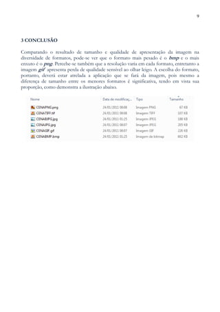 9




3 CONCLUSÃO

Comparando o resultado de tamanho e qualidade de apresentação da imagem na
diversidade de formatos, pode-se ver que o formato mais pesado é o bmp e o mais
enxuto é o png. Percebe-se também que a resolução varia em cada formato, entretanto a
imagem gif apresenta perda de qualidade sensível ao olhar leigo. A escolha do formato,
portanto, deverá estar atrelada a aplicação que se fará da imagem, pois mesmo a
diferença de tamanho entre os menores formatos é significativa, tendo em vista sua
proporção, como demonstra a ilustração abaixo.
 