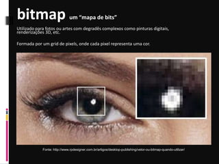 bitmap um “mapa de bits”
Fonte: http://www.rpdesigner.com.br/artigos/desktop-publishing/vetor-ou-bitmap-quando-utilizar/
Utilizado para fotos ou artes com degradês complexos como pinturas digitais,
renderizações 3D, etc.
Formada por um grid de pixels, onde cada pixel representa uma cor.
 