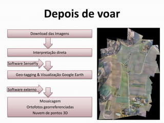 Depois de voar
            Download das Imagens



              Interpretação direta

Software SenseFly

    Geo-tagging & Visualização Google Earth


Software externo

                 Mosaicagem
          Ortofotos georreferenciadas
             Nuvem de pontos 3D
 