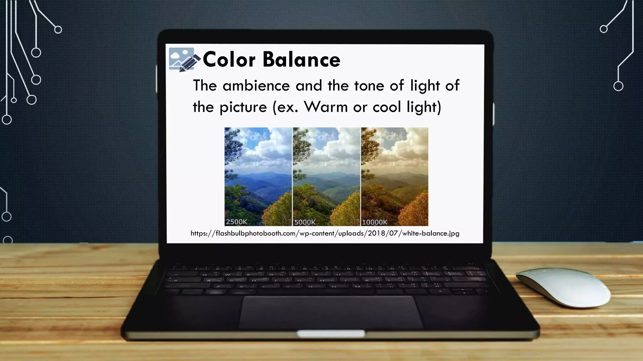 Color Balance
The ambience and the tone of light of
the picture (ex. Warm or cool light)
https://flashbulbphotobooth.com/wp-content/uploads/2018/07/white-balance.jpg
 
