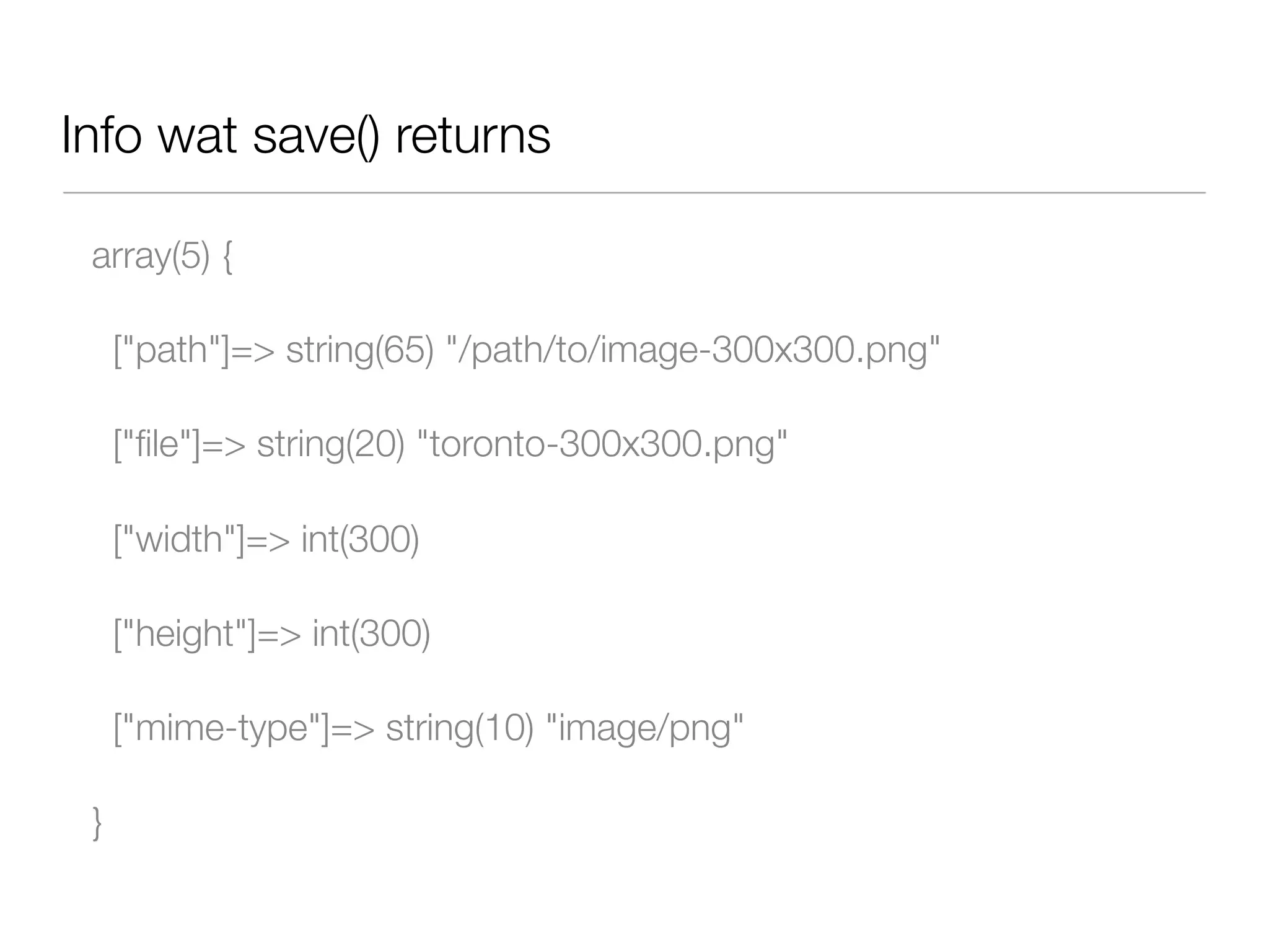 Info wat save() returns

 array(5) {

     ["path"]=> string(65) "/path/to/image-300x300.png"

     ["ﬁle"]=> string(20) "toronto-300x300.png"

     ["width"]=> int(300)

     ["height"]=> int(300)

     ["mime-type"]=> string(10) "image/png"

 }
 