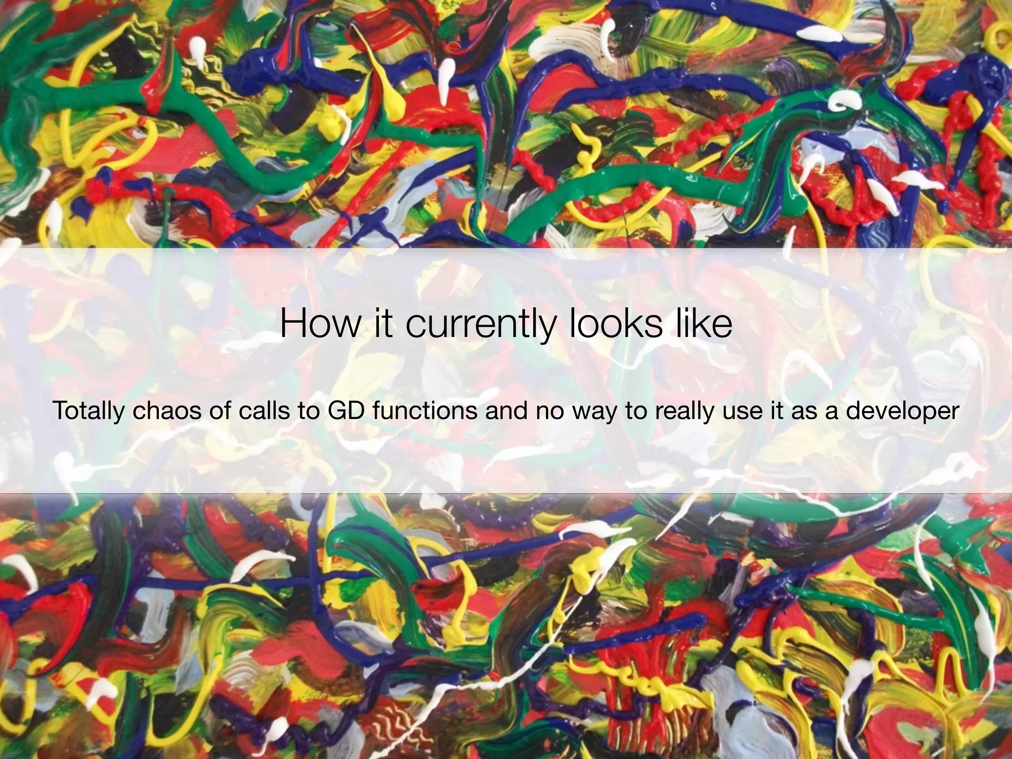 How it currently looks like
Totally chaos of calls to GD functions and no way to really use it as a developer
 