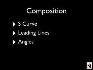 Composition
‣ S Curve
‣ Leading Lines
‣ Angles
 