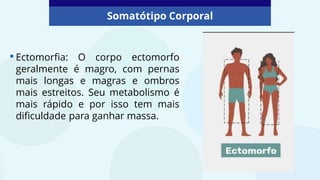 Somatótipo Corporal
•Ectomorfia: O corpo ectomorfo
geralmente é magro, com pernas
mais longas e magras e ombros
mais estreitos. Seu metabolismo é
mais rápido e por isso tem mais
dificuldade para ganhar massa.
 