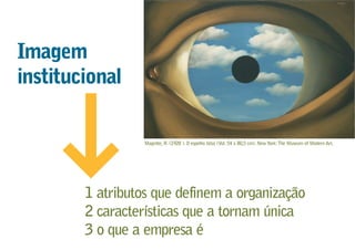1 atributos que definem a organização
2 características que a tornam única
3 o que a empresa é
Imagem
institucional
Magritte, R. (1928 ). O espelho falso (Vol. 54 x 80,5 cm). NewYork:The Museum of Modern Art.
 