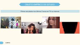 CORPUS
Filmes veiculados nos últimos 3 anos em TV ou internet.
OBJETO EMPÍRICO DE ESTUDO
 