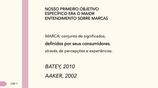 MARCA: conjunto de significados,
definidos por seus consumidores,
através de percepções e experiências.
BATEY, 2010
AAKER, 2002
CAP. 1
NOSSO PRIMEIRO OBJETIVO
ESPECÍFICO ERA O MAIOR
ENTENDIMENTO SOBRE MARCAS	
 