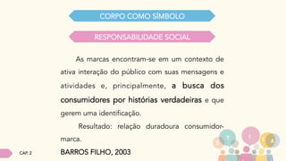 As marcas encontram-se em um contexto de
ativa interação do público com suas mensagens e
atividades e, principalmente, a busca dos
consumidores por histórias verdadeiras e que
gerem uma identificação.
Resultado: relação duradoura consumidor-
marca.
BARROS FILHO, 2003
CORPO COMO SÍMBOLO
RESPONSABILIDADE SOCIAL
CAP. 2
 