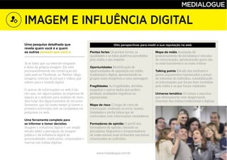 www.medialogue.com.br
IMAGEM E INFLUÊNCIA DIGITAL
Oito perspectivas para medir a sua reputação na web
Pontos fortes
Oportunidades
Fragilidades
Mapa de risco
Formadores de opinião
Mapa da mídia
Talking points
Universo temático
Uma pesquisa detalhada que
revela quem você é e quem
os outros pensam que você é
Uma ferramenta completa para
se informar e tomar decisões
 