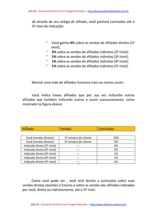 2013 © - Ganhando Dinheiro Com ImagemFolheados – http://www.imagemfolheados.com.br

dá através de seu código de afiliado, você ganhará comissões até o
5º nível de indicação:







Você ganha 4% sobre as vendas de afiliados diretos (1º
nível);
2% sobre as vendas de afiliados indiretos (2º nível);
1% sobre as vendas de afiliados indiretos (3º nível);
1% sobre as vendas de afiliados indiretos (4º nível);
1% sobre as vendas de afiliados indiretos (5º nível).

Montar uma rede de afiliados funciona mais ou menos assim:
Você indica novos afiliados que por sua vez indicarão outros
afiliados que também indicarão outros e assim sucessivamente, como
mostrado na figura abaixo:

Afiliado
Você (vendas diretas)
Você (vendas diretas)
Indicado direto (1º nível)
Indicado direto (2º nível)
Indicado direto (3º nível)
Indicado direto (4º nível)
Indicado direto (5º nível)

Vendas
1ª compra do cliente
2ª compra do cliente
-----------

Comissões
10%
5%
4%
2%
1%
1%
1%

Como você pode ver , você terá direito a comissões sobre suas
vendas diretas recentes e futuras e sobre as vendas dos afiliados indicados
por você, direta ou indiretamente, até o 5º nível.

2013 © - Ganhando Dinheiro Com ImagemFolheados – http://www.dinheiro-sempre.com

 