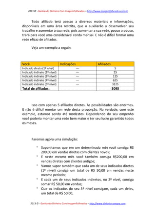 2013 © - Ganhando Dinheiro Com ImagemFolheados – http://www.imagemfolheados.com.br

Todo afiliado terá acesso a diversos materiais e informações,
disponíveis em uma área restrita, que o auxiliarão a desenvolver seu
trabalho e aumentar a sua rede, pois aumentar a sua rede, pouco a pouco,
trará para você uma considerável renda mensal. E não é difícil formar uma
rede eficaz de afiliados.
Veja um exemplo a seguir:

Você

Indicações

Indicado direto (1º nível)
Indicado indireto (2º nível)
Indicado indireto (3º nível)
Indicado indireto (4º nível)
Indicado indireto (5º nível)

Afiliados
-----------

Total de afiliados:

5
25
125
625
3125

3095

Isso com apenas 5 afiliados diretos. As possibilidades são enormes.
E não é difícil montar um rede desta proporção. Na verdade, com este
exemplo, estamos sendo até modestos. Dependendo do seu empenho
você poderia montar uma rede bem maior e ter seu lucro garantido todos
os meses.

Faremos agora uma simulação:
 Suponhamos que em um determinado mês você consiga R$
200,00 em vendas diretas com clientes novos;
 E neste mesmo mês você também consiga R$200,00 em
vendas diretas com clientes antigos;
 Vamos supor também que cada um de seus indicados diretos
(1º nível) consiga um total de R$ 50,00 em vendas neste
mesmo período;
 E cada um de seus indicados indiretos, no 2º nível, consiga
somar R$ 50,00 em vendas;
 Que os indicados do seu 3º nível consigam, cada um deles,
um total de R$ 50,00;
2013 © - Ganhando Dinheiro Com ImagemFolheados – http://www.dinheiro-sempre.com

 