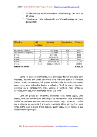 2013 © - Ganhando Dinheiro Com ImagemFolheados – http://www.imagemfolheados.com.br

 E cada indicado indireto do seu 4º nível consiga um total de
R$ 50,00;
 E finalmente, cada indicado do seu 5º nível consiga um total
de R$ 50,00.

Afiliados

Você V.D. (1ª compra)
Você (Comissao Perpetua)
1º nível
2º nível
3º nível
4º nível
5º nível

Total de Ganhos

Nº
afiliados
1
1
5
25
125
625
3.125

Vendas

1x200=200
1x200=200
5x50=250
25x50=1.250
125x50=6.250
625x50=31.250
3.125x50=156.250

Comissões

10%
5%
4%
2%
1%
1%
1%

Ganhos

20,00
10,00
10,00
25,00
62,50
312,50
1.562,50

2.002,50

Como foi dito anteriormente, essa simulação foi um exemplo bem
modesto, levando em conta que você teria indicado apenas 5 afiliados
diretos. Você, com certeza, irá querer ampliar cada vez mais a sua rede,
assim como seus indicados diretos e indiretos. Você irá querer também
incentivá-los a conseguirem mais vendas e também mais afiliados,
trazendo, com isso, mais membros para a sua rede.
Com um pouco de empenho, utilizando suas horas vagas, uma
pessoa, com certa dedicação, seria capaz de montar uma rede até mesmo
melhor do que essa mostrada em nosso exemplo. Logo, podemos concluir
que o sistema de parceria é um meio realmente eficaz de você ter uma
renda extra, que a longo prazo poderá, quem sabe, até se tornar a sua
fonte de renda principal.

2013 © - Ganhando Dinheiro Com ImagemFolheados – http://www.dinheiro-sempre.com

 