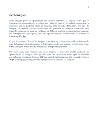 3



INTRODUÇÃO

Uma imagem pode ser apresentada em diversos formatos. A decisão sobre qual o
formato mais adequado para se utilizar em cada caso deve ser tomada de acordo com a
utilização que se pretende fazer da imagem, cada trabalho demandará um tipo de
imagem, de acordo com as necessidades de qualidade da imagem x tamanho, por
exemplo, uma imagem para ser publicada na Web, em um blog, precisa ser leve, para que
seu carregamento seja rápido, para este tipo de trabalho normalmente se utilizam os
formato gif e jpg.

O que determina a “leveza” da imagem é seu fator de compressão, sendo o formato de
mais fiel representação da imagem o bmp, apresentado sem qualquer compressão, o que
torna a imagem muito pesada, inadequada para publicações Web.

Por outro lado, para produzir uma peça impressa é necessário grande qualidade na
apresentação da imagem para garantir uma boa impressão, neste tipo de trabalho
normalmente se utiliza o formato tiff, que além de ser formato de alta resolução como o
bmp é multipage, ou seja, permite agregar diversas camadas ou “páginas”.
 