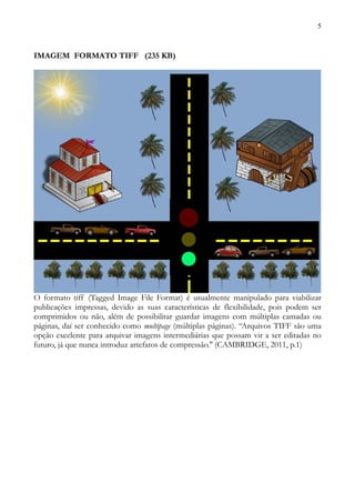 5



IMAGEM FORMATO TIFF (235 KB)




O formato tiff (Tagged Image File Format) é usualmente manipulado para viabilizar
publicações impressas, devido as suas características de flexibilidade, pois podem ser
comprimidos ou não, além de possibilitar guardar imagens com múltiplas camadas ou
páginas, daí ser conhecido como multipage (múltiplas páginas). “Arquivos TIFF são uma
opção excelente para arquivar imagens intermediárias que possam vir a ser editadas no
futuro, já que nunca introduz artefatos de compressão.'' (CAMBRIDGE, 2011, p.1)
 