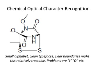 Chemical Optical Character Recognition
Small alphabet, clean typefaces, clear boundaries make
this relatively tractable. Problems are “I” “O” etc.
 
