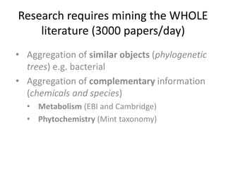Research requires mining the WHOLE
literature (3000 papers/day)
• Aggregation of similar objects (phylogenetic
trees) e.g. bacterial
• Aggregation of complementary information
(chemicals and species)
• Metabolism (EBI and Cambridge)
• Phytochemistry (Mint taxonomy)
 