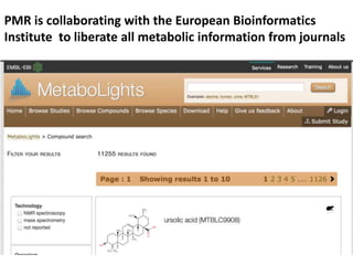 PMR is collaborating with the European Bioinformatics
Institute to liberate all metabolic information from journals
 
