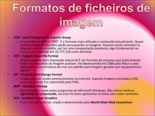 JPEG  - Joint Photographic Experts Group   A extensão em DOS é "JPG". É o formato mais utilizado e conhecido actualmente. Quase todas as câmaras dão esta opção para guardar as imagens. Arquivo muito utilizado na  Internet  e em multimédia, por ter uma compactação excelente, algo fundamental ao meio, e por suportar até 16.777.216 cores distintas.  TIFF  - Tagged Image File Format   Arquivo padrão para impressão industrial É um formato de arquivos que praticamente todos os programas de imagem aceitam. Foi desenvolvido em 1986 pela Aldus e pela Microsoft numa tentativa de criar um padrão para imagens geradas por equipamentos digital.  GIF  - Graphics Interchange Format   Criado para ser usado extensivamente na Internet. Suporta imagens animadas e 256 cores por frame. Foi substituído pelo PNG.  BMP  - Windows Bitmap   Normalmente usado pelos programas do Microsoft Windows. Não utiliza nenhum  algoritmo de compressão , daí esse formato apresentar as fotos com maior tamanho.  SVG - Scalable Vector Graphics   É um formato vetorial, criado e desenvolvido pelo  World Wide Web Consortium .  