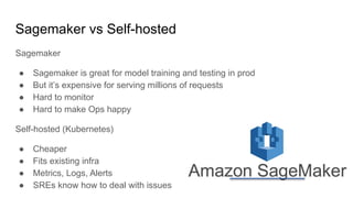 Sagemaker vs Self-hosted
Sagemaker
● Sagemaker is great for model training and testing in prod
● But it’s expensive for serving millions of requests
● Hard to monitor
● Hard to make Ops happy
Self-hosted (Kubernetes)
● Cheaper
● Fits existing infra
● Metrics, Logs, Alerts
● SREs know how to deal with issues
 
