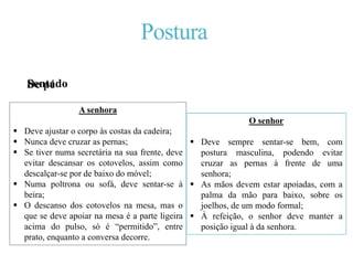 Postura
De pé
A senhora
 A perna esquerda ligeiramente atrás, com a
direita a fazer um ângulo reto;
 Se tiver mala, deve coloca-la do lado
esquerdo, para deixar a mão direita livre,
como por exemplo, para dar um aperto de
mão ao interlocutor;
 Se não tiver nada nas mãos, deve cruzá-las,
atrás das costas.
O senhor
 Pernas direitas, com os calcanhares
juntos, para que os pés façam um
ligeiro V;
 As mãos, se estiverem livres, tal como
a senhora, devem estar atrás das costas;
 Caso seja para tirar uma fotografia,
deve ficar ligeiramente de lado, com os
braços cruzados.
Sentado
A senhora
 Deve ajustar o corpo às costas da cadeira;
 Nunca deve cruzar as pernas;
 Se tiver numa secretária na sua frente, deve
evitar descansar os cotovelos, assim como
descalçar-se por de baixo do móvel;
 Numa poltrona ou sofá, deve sentar-se à
beira;
 O descanso dos cotovelos na mesa, mas o
que se deve apoiar na mesa é a parte ligeira
acima do pulso, só é “permitido”, entre
prato, enquanto a conversa decorre.
O senhor
 Deve sempre sentar-se bem, com
postura masculina, podendo evitar
cruzar as pernas à frente de uma
senhora;
 As mãos devem estar apoiadas, com a
palma da mão para baixo, sobre os
joelhos, de um modo formal;
 À refeição, o senhor deve manter a
posição igual à da senhora.
 
