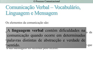 Comunicação Verbal – Vocabulário,
Linguagem e Mensagem
Os elementos da comunicação são:
Codificar - Transformar o código conhecido numa intenção da
comunicação.
Descodificar - Decifrar a mensagem.
Feedback - Quando emissor obtém a informação e quando sabe que
a sua mensagem foi recebida pelo recetor.
A linguagem verbal contém dificuldades na
comunicação quando ocorre em determinadas
palavras distintas de abstracção e verdade de
sentido.
 