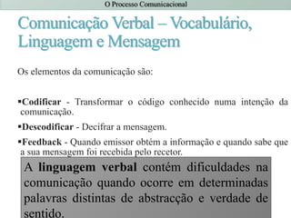 Comunicação Verbal – Vocabulário,
Linguagem e Mensagem
Os elementos da comunicação são:
Codificar - Transformar o código conhecido numa intenção da
comunicação.
Descodificar - Decifrar a mensagem.
Feedback - Quando emissor obtém a informação e quando sabe que
a sua mensagem foi recebida pelo recetor.
A linguagem verbal contém dificuldades na
comunicação quando ocorre em determinadas
palavras distintas de abstracção e verdade de
sentido.
 