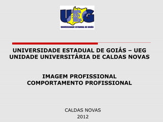 UNIVERSIDADE ESTADUAL DE GOIÁS – UEG
UNIDADE UNIVERSITÁRIA DE CALDAS NOVAS


       IMAGEM PROFISSIONAL
    COMPORTAMENTO PROFISSIONAL



              CALDAS NOVAS
                  2012
 