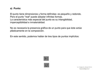Punto:  El punto tiene dimensiones y forma definidas: es pequeño y redondo.  Pero el punto "real" puede adoptar infinitas formas.  La característica más especial del punto es su intangibilidad,  imperceptibilidad e inmaterialidad.  No es necesaria la presencia gráfica de un punto para que éste actúe  plásticamente en la composición. En este sentido, podemos hablar de tres tipos de puntos implícitos:  