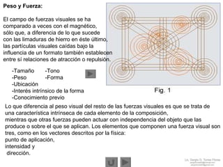 Peso y Fuerza: El campo de fuerzas visuales se ha  comparado a veces con el magnético,  sólo que, a diferencia de lo que sucede  con las limaduras de hierro en éste último,  las partículas visuales caídas   bajo la  influencia de un formato también establecen  entre sí relaciones de atracción o repulsión.  Lo que diferencia al peso visual del resto de las fuerzas visuales es que se trata de  una característica intrínseca de cada elemento de la composición, mientras que otras fuerzas pueden actuar con independencia del objeto que las  produce o sobre el que se aplican. Los elementos que componen una fuerza visual son tres, como en los vectores descritos por la física:  punto de aplicación,  intensidad y dirección. -Tamaño  -Tono -Peso  -Forma -Ubicación -Interés intrínsico de la forma -Conocimiento previo 