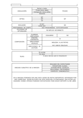 ANGULACIÓN
Normal o medio
PICADO
Picado (hacia abajo)
Contrapicado (hacia arriba)
Aberrante
OPTICA
60º
60º50º
16º
ENCUADRE
SI HAY
NO
SI NO HAY
PROFUNDIDAD DE CAMPO HAY PRODUNDIDAD. ESTÁ ENFOCADO
VELOCIDAD DE
OPTURACIÓN
NO IMPLICA MOVIMINETO
COMPOSICIÓN
CLARIDAD-
SIMPLICIDAD
EQUILIBRIO NO
ARMONÍA-
CONTRASTE
SI
DIRECCIONES
VISUALES
INDUCIDA A LAS PISTAS
DIRECCIONES DE
LECTURA
HAY LINEAS OBLICUAS
TEXTO
De anclaje
De relevo
A veces decisiva para la interpretación
ANÁLISIS SUBJETIVO DE LA IMAGEN
REALIDAD DEL ESPECTADOR
PERCEPCIÓN GLOBAL
ESTEREOTIPOS SOCIALES
REACCIÓNES PRETENDIDAS
CONTEXTO COMUNICATIVO
EN LA IMAGEN PODEMOS VER UNA VISTA AEREA DE PISTAS DEPORTIVAS SEPARADAS POR
UNA CARRETERA. DESDE MI PUNTO DE VISTA MUESTRA LO EDIFICIADAS QUE ESTÁN LAS
CIUDADES DONDE APENAS PODEMOS VER ESPACIOS PARA HACER DEPORTE AL IRE LIBRE.
 