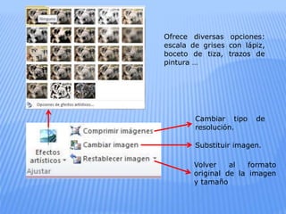 Cambiar tipo de
resolución.
Substituir imagen.
Volver al formato
original de la imagen
y tamaño
Ofrece diversas opciones:
escala de grises con lápiz,
boceto de tiza, trazos de
pintura …
 