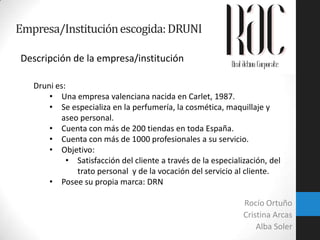 Empresa/Institución escogida: DRUNI
Descripción de la empresa/institución
Druni es:
• Una empresa valenciana nacida en Carlet, 1987.
• Se especializa en la perfumería, la cosmética, maquillaje y
aseo personal.
• Cuenta con más de 200 tiendas en toda España.
• Cuenta con más de 1000 profesionales a su servicio.
• Objetivo:
• Satisfacción del cliente a través de la especialización, del
trato personal y de la vocación del servicio al cliente.
• Posee su propia marca: DRN

Rocío Ortuño
Cristina Arcas
Alba Soler

 