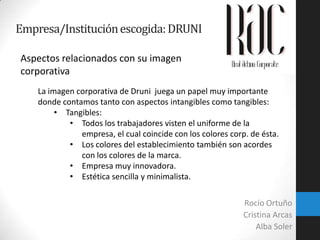 Empresa/Institución escogida: DRUNI
Aspectos relacionados con su imagen
corporativa
La imagen corporativa de Druni juega un papel muy importante
donde contamos tanto con aspectos intangibles como tangibles:
• Tangibles:
• Todos los trabajadores visten el uniforme de la
empresa, el cual coincide con los colores corp. de ésta.
• Los colores del establecimiento también son acordes
con los colores de la marca.
• Empresa muy innovadora.
• Estética sencilla y minimalista.

Rocío Ortuño
Cristina Arcas
Alba Soler

 