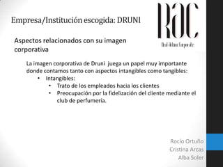 Empresa/Institución escogida: DRUNI
Aspectos relacionados con su imagen
corporativa
La imagen corporativa de Druni juega un papel muy importante
donde contamos tanto con aspectos intangibles como tangibles:
• Intangibles:
• Trato de los empleados hacia los clientes
• Preocupación por la fidelización del cliente mediante el
club de perfumería.

Rocío Ortuño
Cristina Arcas
Alba Soler

 