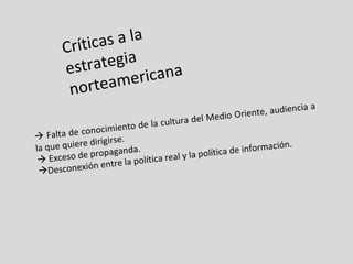 Críticas a la estrategia norteamericana    Falta de conocimiento de la cultura del Medio Oriente, audiencia a la que quiere dirigirse.    Exceso de propaganda. Desconexión entre la política real y la política de información. 