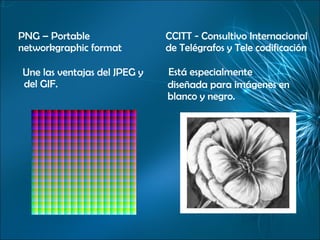 PNG – Portable networkgraphic format Une las ventajas del JPEG y del GIF. CCITT - Consultivo Internacional de Telégrafos y Tele codificación Está especialmente diseñada para imágenes en blanco y negro. 