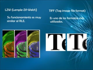 LZW (Lemple-Zif-Welch ) Su funcionamiento es muy similar al RLE. TIFF (Tag image file format) Es uno de los formatos más utilizados. 