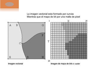 La imagen vectorial esta formado por curvas Mientras que el mapa de bit por una malla de pixel  