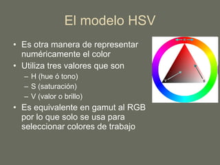 El modelo HSV Es otra manera de representar numéricamente el color Utiliza tres valores que son  H (hue ó tono) S (saturación) V (valor o brillo) Es equivalente en gamut al RGB por lo que solo se usa para seleccionar colores de trabajo 