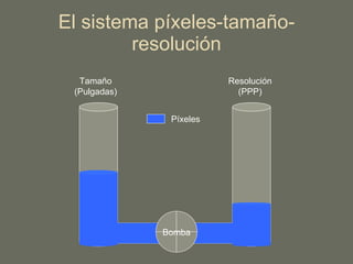 El sistema píxeles-tamaño-resolución Tamaño (Pulgadas) Resolución (PPP) Píxeles Bomba 