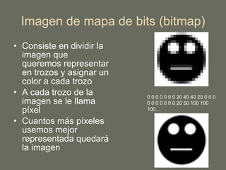 Imagen de mapa de bits (bitmap) Consiste en dividir la imagen que queremos representar en trozos y asignar un color a cada trozo A cada trozo de la imagen se le llama píxel Cuantos más píxeles usemos mejor representada quedará la imagen 0 0 0 0 0 0 0 20 40 40 20 0 0 0 0 0 0 0 0 0 0 20 50 100 100 100… 